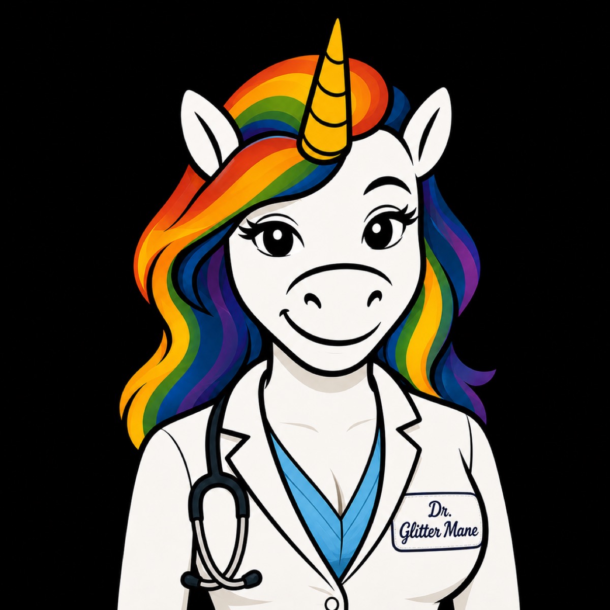 Dr. Glitter Mane — the practice mascot.